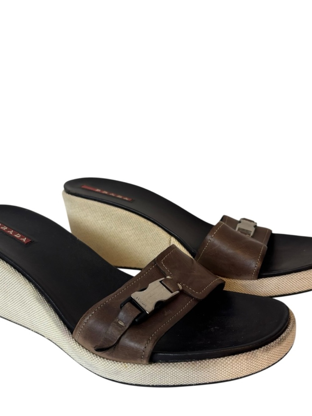 Prada Brown Leather buckle Wedge Heels Sandals Women size 9.5.